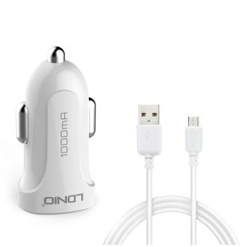 Зарядно устройство за кола, LDNIO DL-C17, 5V/1A, Универсално, 2 x USB, С Micro USB кабел, Бял