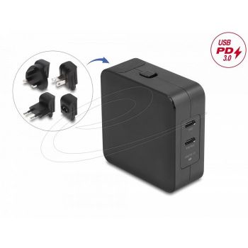 Delock Зарядно устройство GaN, 2 x USB-C, PD 65 W, адаптер за EU / US / UK