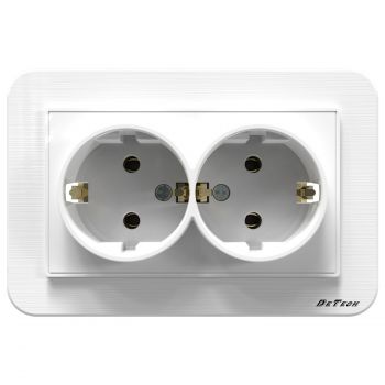 2 gang earthed SCHUKO socket outlet DeTech DE-9223-52, With frame, For built-in, 16A, 250V, IP20, White - 75034