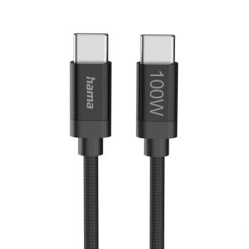 Hama Кабел за зареждане, &quot;Fabric&quot;, USB-C - USB-C, 100 W, 3 m, Nylon, black