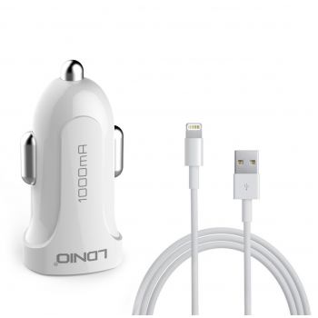 Зарядно устройство за кола, LDNIO DL-C17, 5V/1A, Универсално, 2 x USB, С кабел за iPhone 5/6/7SE, Бял