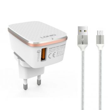 Мрежово зарядно устройство LDNIO A1204Q, Quick Charge 3.0, 1xUSB, Micro USB Кабел, Бял 