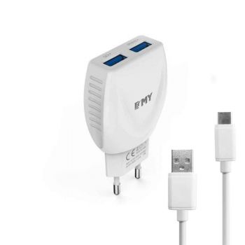 Мрежово зарядно устройство, EMY MY-221, 5V 2.1A, Универсално, 2 x USB, С Type-C кабел, Бял