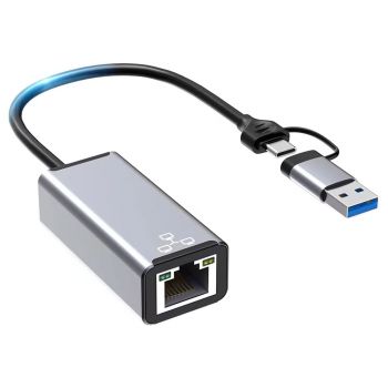 Мрежов адаптер DeTech USB-A/USB-C - RJ45, 1000Mbps, Gray - 17831