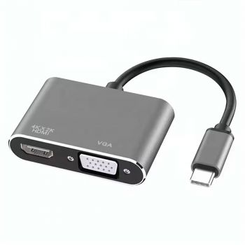 Адаптер DeTech, 2in1 USB-C - HDMI+VGA, 4K, 30Hz, 3D, Gray - 17842