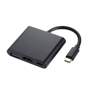Адаптер DeTech, 3in1 USB-C–HDMI+USB 3.0 + PD, 4K, 30Hz, Gray - 17844