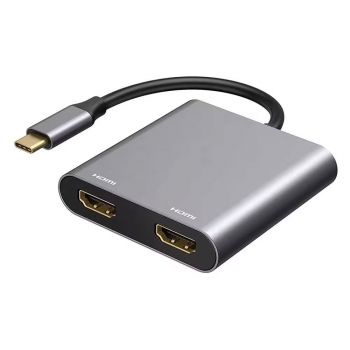 Адаптер DeTech, 2in1, USB-C –2хHDMI, 4K, 30Hz, Gray - 17846