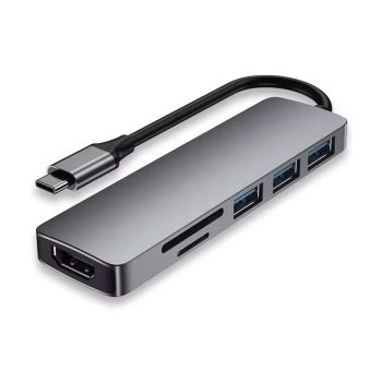 Докинг станция DeTech, 6in1 USB3.1 Type-C-USB3.0*3+4K, HDMI 4K,30Hz,SD/TF Card, Gray - 17851