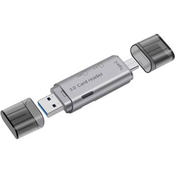 Четец за карти DeTech, USB Type-C - USB 3.0 OTG, SD, TF, Silver- 17854 