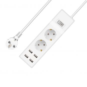 Extension socket No brand, 2 way, 250V, 16A, Cable, 3m., 4 x USB F, With switch, White - 17884