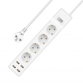 Extension socket No brand, 4 way, 250V, 16A, Cable, 1.5m., 4 x USB F, With switch, White - 17887