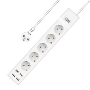Extension socket No brand, 5 way, 250V, 16A, Cable, 1.5m., 4 x USB F, With switch, White - 17889