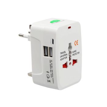 Universal travel adapter - charger No brand, 2xUSB, 1хUSB-C,1.0A, EU/US/UK/AU to EU/US/UK/AU, 220V, White - 17892