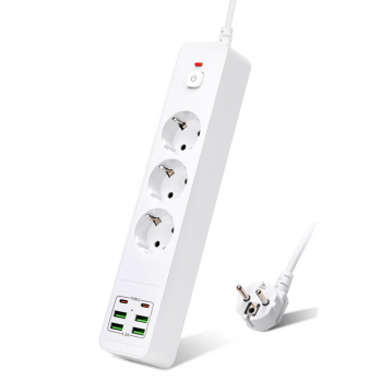 Удължител No brand, 3 гнезда, 250V, 10A, Кабел, 1.8м., 4 x USB-F, 2 x USB-C, С ключ, Бял - 17967