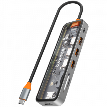 Хъб USB CANYON DS-13, USB-hub, Size: 137.9mm*42.7mm*15mm Weight: 167.5gCable length: 155mm Material: Zinc alloy+Tempered glass+TPE Port: Type-C To USB3.0*3(5Gbps)+SD/TF 3.0(5Gbps)+HDMI(4K@30Hz),Space Grey