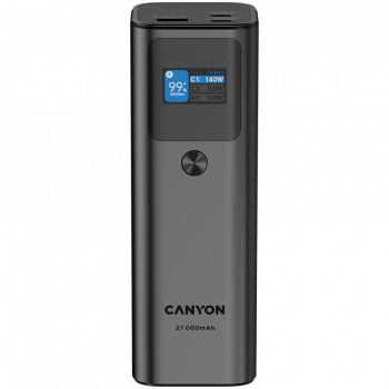 Зарядно устройство CANYON PB-2010, allowed for air travel power bank 27000mAh/97.2Wh Li-poly battery, in/out:2xUSB-C PD3.1 140W, out:USB-A QC 3.0 22.5W,TFT display,Dark Grey