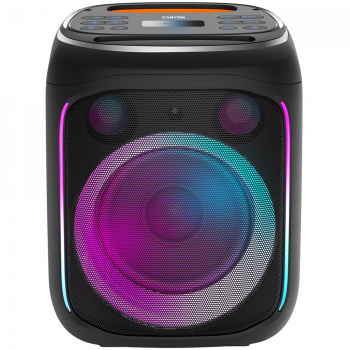 Bluetooth тонколони CANYON OnFun 5, Partybox speaker,Spec: speaker drivers: 6.5''+1.5'tweeter Power Output : 40W Lithium Battery : 7.4v 3600mAh Function : AUX+TF+MIC+BT+USB+DSP+EQ+ehco+. Color: Black body,orange handle.