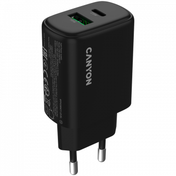 Зарядно устройство CANYON charger OnCharge 250 25W 1xPD 1xQC EU Black