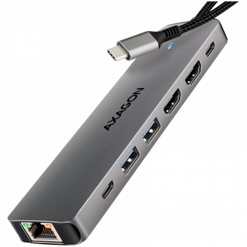 Адаптер AXAGON HMC-7HX2 USB-C 3.2 Gen 1 hub, 2x USB-A + 1x USB-C, 2x HDMI 4K 60Hz, GLAN, PD 100W, ...