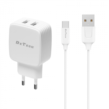 Мрежово зарядно устройство, DeTech, DE-33C, 5V/2.4A, 220V, 2 x USB, С Type-C кабел, 1.0m, Бял 