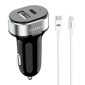 Зарядно за кола Earldom ES-CC14, 1xUSB, 1xType-C, With PD Lightning cable, Black - 40355