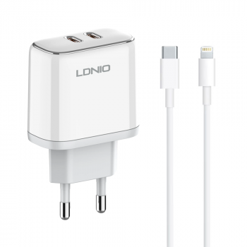 Network charger LDNIO A2528M, MFi, 35W, 2 x Type-C F, PD, Type-C to Lightning cable, White 