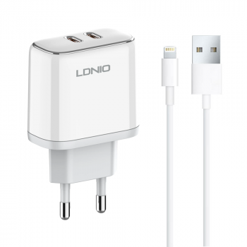 Network charger LDNIO A2528C, 35W, 2 x Type-C F, PD, Type-C to Lightning cable, White 