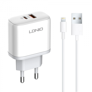 Network charger LDNIO A2526C, 45W, 1 x Type-C F, 1 x USB F, PD, QC, PPS, Lightning cable, White 
