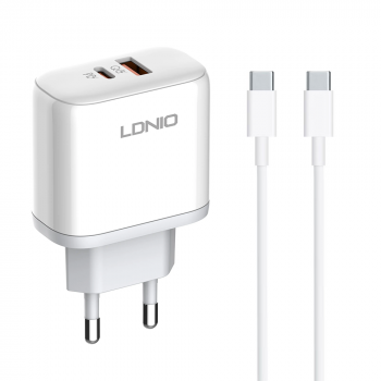 Network charger LDNIO A2526C, 45W, 1 x Type-C F, 1 x USB F, PD, QC, PPS, PD Type-C cable, White 