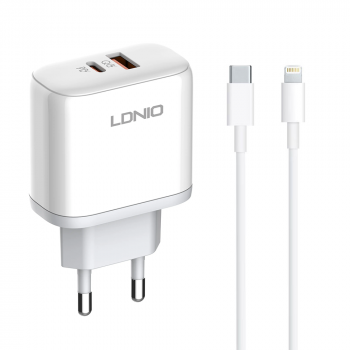 Network charger LDNIO A2526C, 45W, 1 x Type-C F, 1 x USB F, PD, QC, PPS, Type-C to Lightning cable, White 