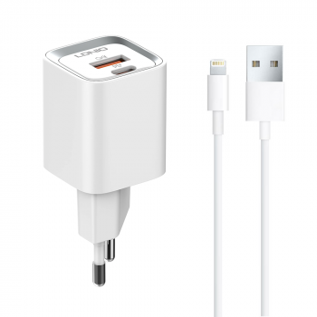 Network charger LDNIO A2318C, 20W, 1 x Type-C F, 1 x USB F, PD, QC, Lightning cable, White 