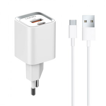 Network charger LDNIO A2318C, 20W, 1 x Type-C F, 1 x USB F, PD, QC, Type-C cable, White 