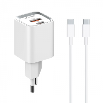 Network charger LDNIO A2318C, 20W, 1 x Type-C F, 1 x USB F, PD, QC, PD Type-C cable, White 
