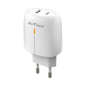 Мрежово зарядно устройство DeTech DE-31, 20W, 1 x Type-C F, 1 x USB F, PD, QC, Бял 