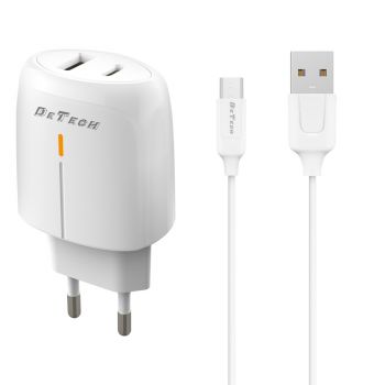 Мрежово зарядно устройство DeTech DE-31M, 20W, С Micro USB кабел, 1 x Type-C F, 1 x USB F, PD, QC, Бял 