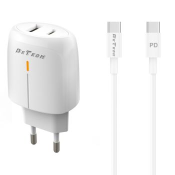 Мрежово зарядно устройство DeTech DE-31PDC, 20W, С PD Type-C кабел, 1 x Type-C F, 1 x USB F, PD, QC, Бял