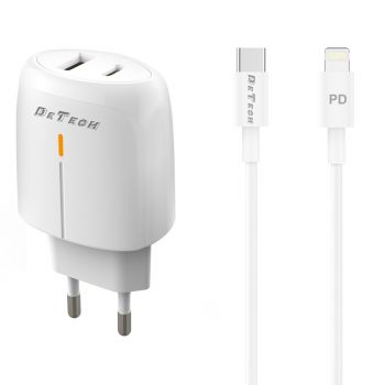 Мрежово зарядно устройство DeTech DE-31PDL, 20W, С Type-C към Lightning кабел, 1 x Type-C F, 1 x USB F, PD, QC, Бял