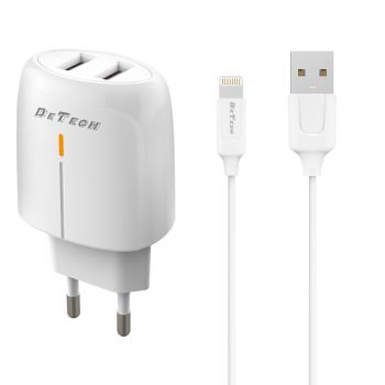 Мрежово зарядно устройство DeTech DE-32QCi, 18W, С Lightning кабел, 2 x USB F, QC, Бял