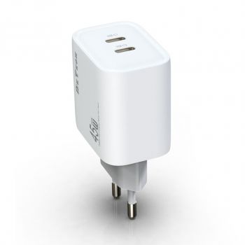 Network charger DeTech DE-PD, 45W, GaN, 2 x Type-C F, PD, White 