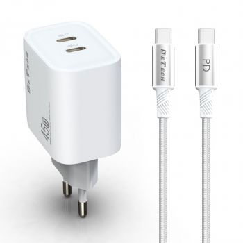 Network charger DeTech DE-PD, 45W, GaN, 2 x Type-C F, With Type-C cable, PD, White 