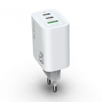 Network charger DeTech DE-PD, 65W, GaN, 2 x Type-C F, 1 x USB F, PD, White 