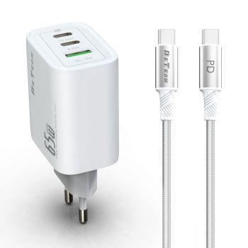 Зарядно устройство DeTech DE-PD, 65W, GaN, With Type-C - Type-C cable, 2 x Type-C F, 1 x USB F, White - 40343