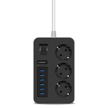 Разклонител Earldom ES-SC07, 3 sockets, CEE 7/3, 6 x USB, 2m., Black - 40378