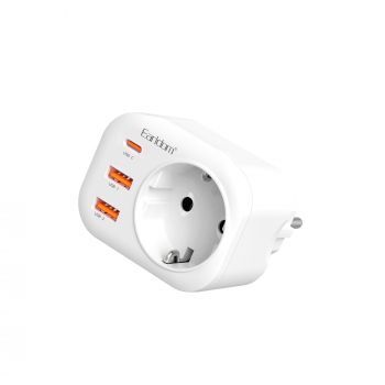 Universal travel adapter - charger Earldom ES-SC18, 2xUSB, 1xType-C, White - 40524