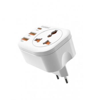Universal travel adapter - charger Earldom ES-SC16, 2xUSB, 1xType-C, EU/US/UK/AU към EU/US/UK/AU, 220V, White - 40525