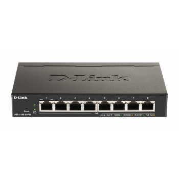 Суич D-Link DGS-1100-08PV2, 8 портов PoE 10/100/1000 Gigabit Smart Switch, управляем, за монтаж в шкаф