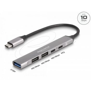 Delock Хъб USB-C, 4 порта, 1 x USB-A 10 Gbps, 2 x USB-A, 1 x USB-C, USB-C PD 95 W
