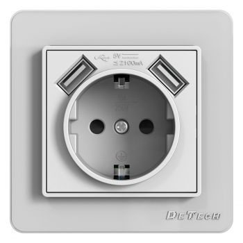 1 Gang Schuko socket DeTech DE-6008-78, 2xUSB, 16A, For built-in, IP20, White - 75009