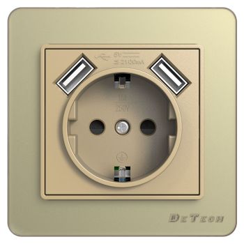 1 Gang Schuko socket DeTech DE-6008-78, 2xUSB,10.5W, 250V, 16A, For built-in, IP20, Gold - 75018