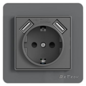 1 Gang Schuko socket DeTech DE-6008-78, 2xUSB, 10.5W, 250V/16A, For built-in, IP20, Grey - 75027
